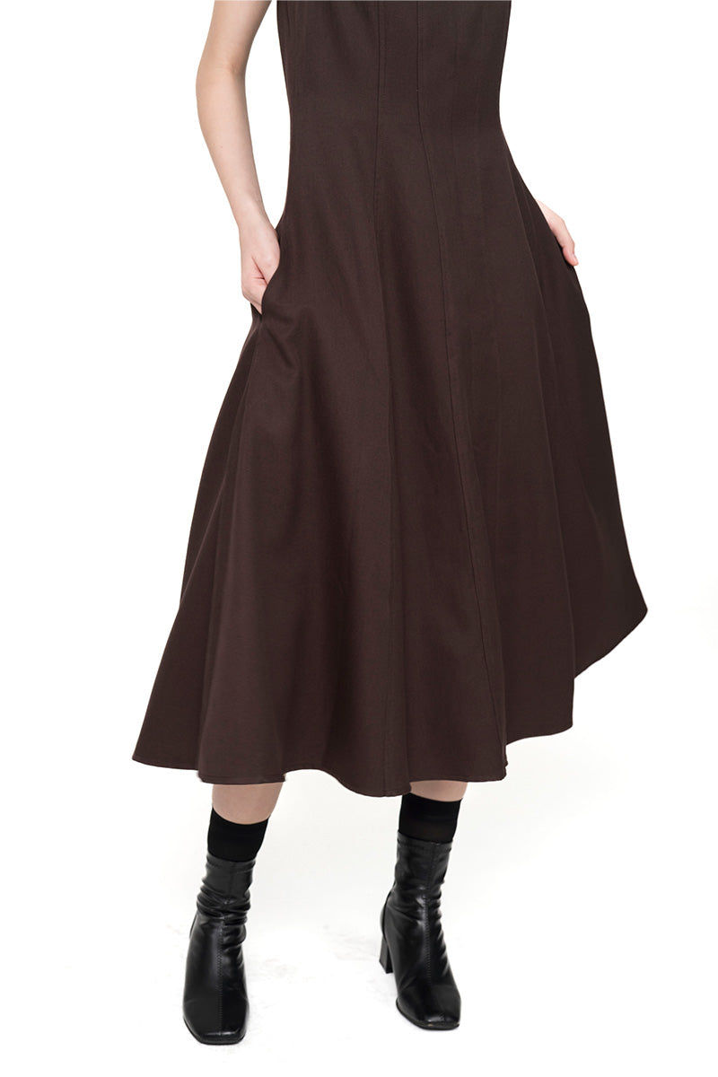 Square Neck Midi Dress In Dark Brown
