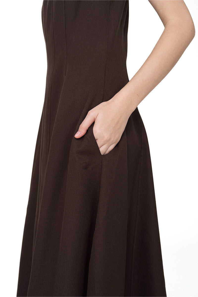 Square Neck Midi Dress In Dark Brown