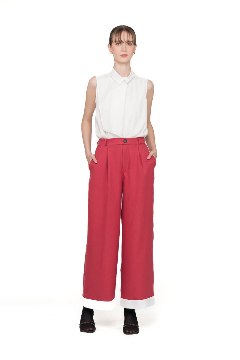 Straight Leg Pants With Contrast Hem In Brick Red