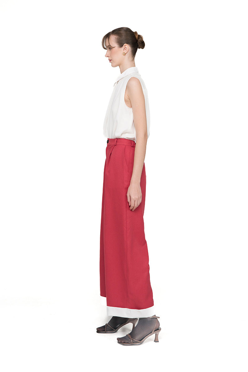 Straight Leg Pants With Contrast Hem In Brick Red