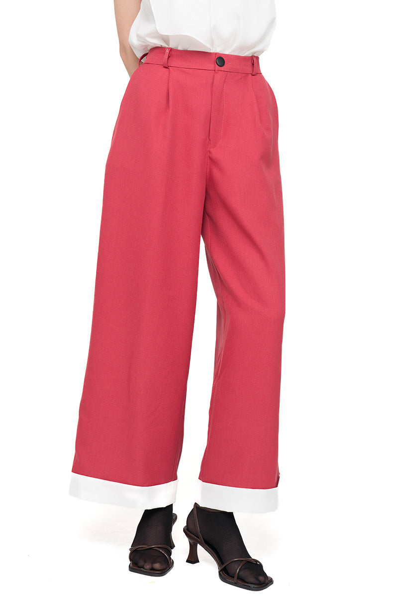 Straight Leg Pants With Contrast Hem In Brick Red