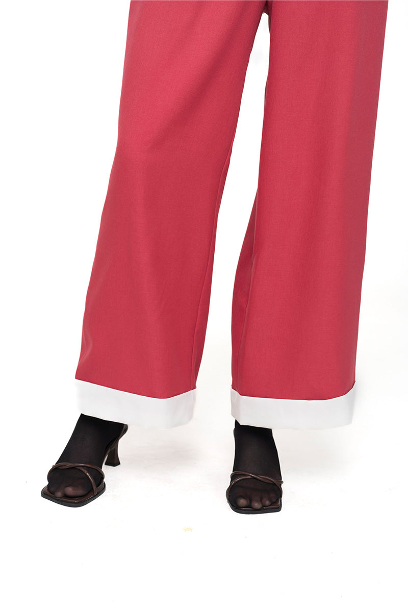 Straight Leg Pants With Contrast Hem In Brick Red