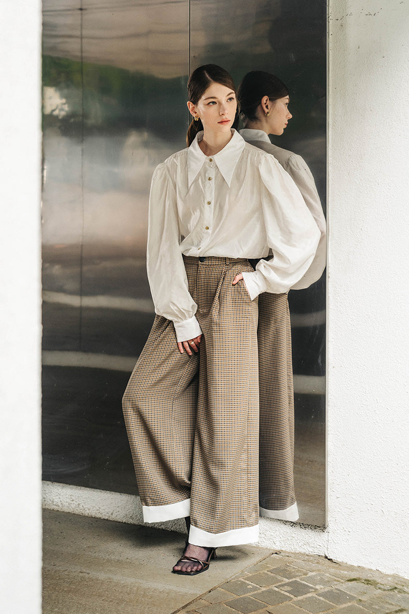 Straight Leg Pants With Contrast Hem In Brown Houndstooth