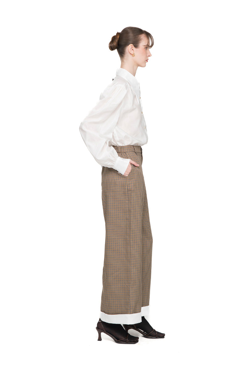 Straight Leg Pants With Contrast Hem In Brown Houndstooth