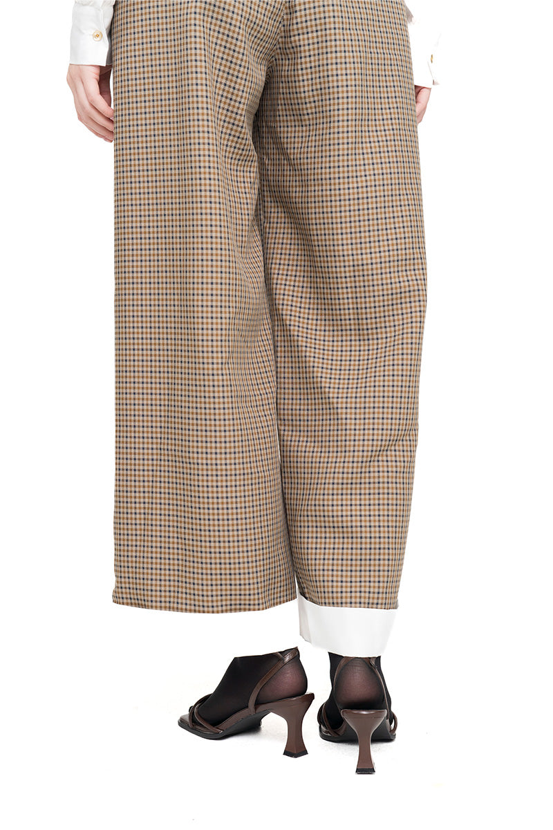 Straight Leg Pants With Contrast Hem In Brown Houndstooth