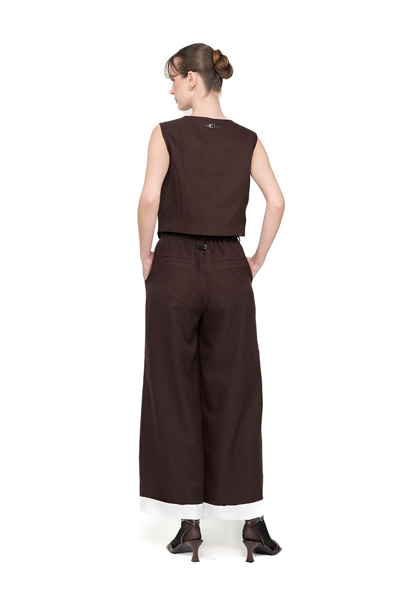 Straight Leg Pants With Contrast Hem In Dark Brown