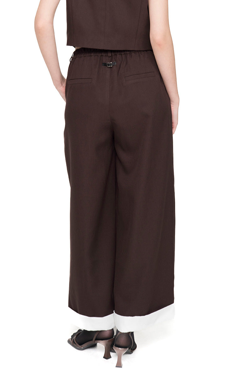 Straight Leg Pants With Contrast Hem In Dark Brown