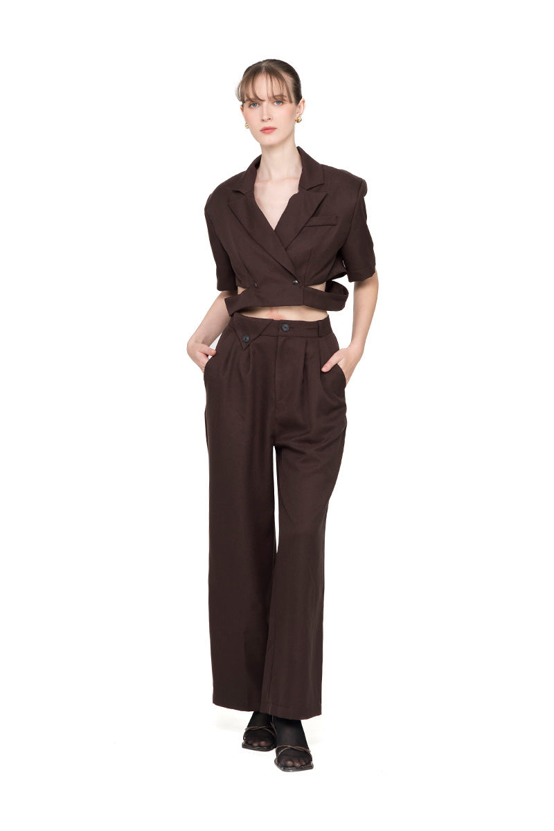 Straight Leg Pants With Side Button Detail In Dark Brown