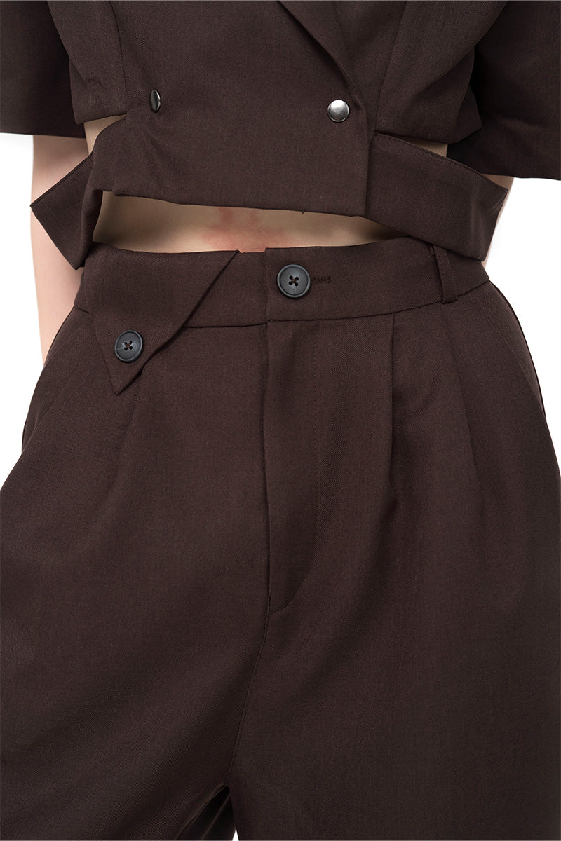 Straight Leg Pants With Side Button Detail In Dark Brown
