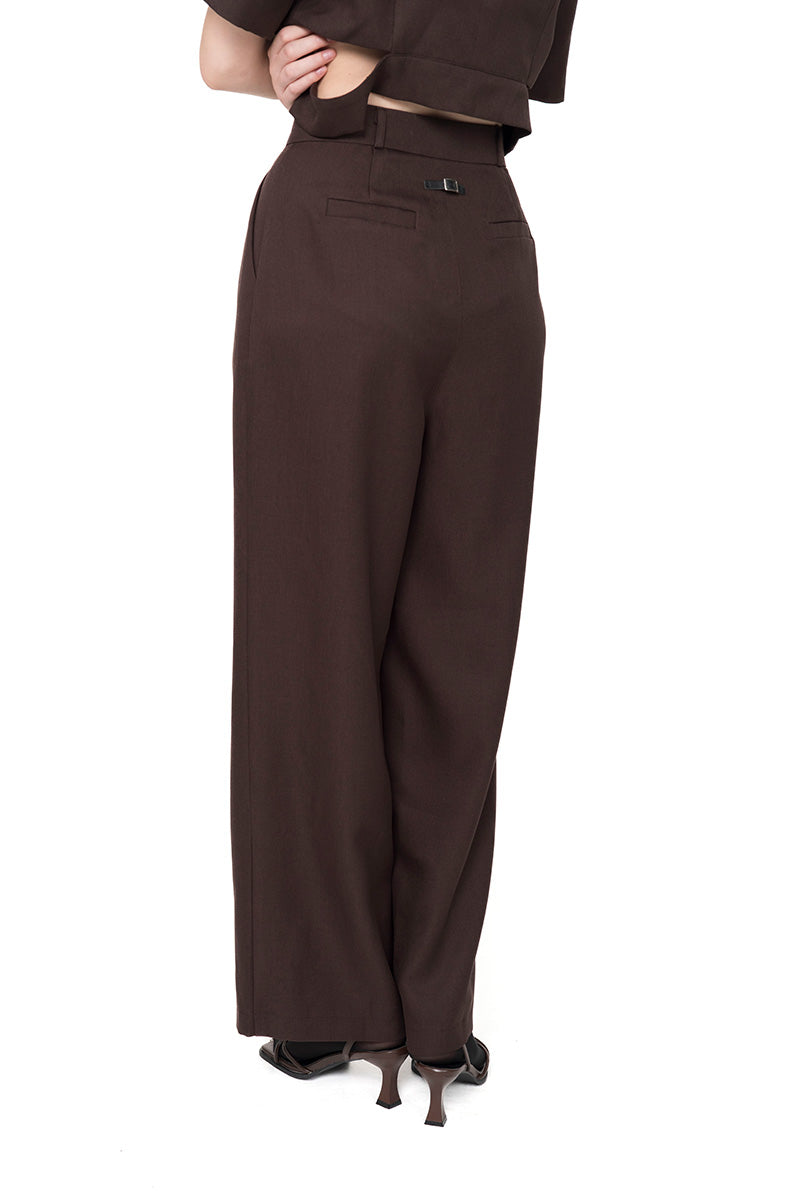 Straight Leg Pants With Side Button Detail In Dark Brown