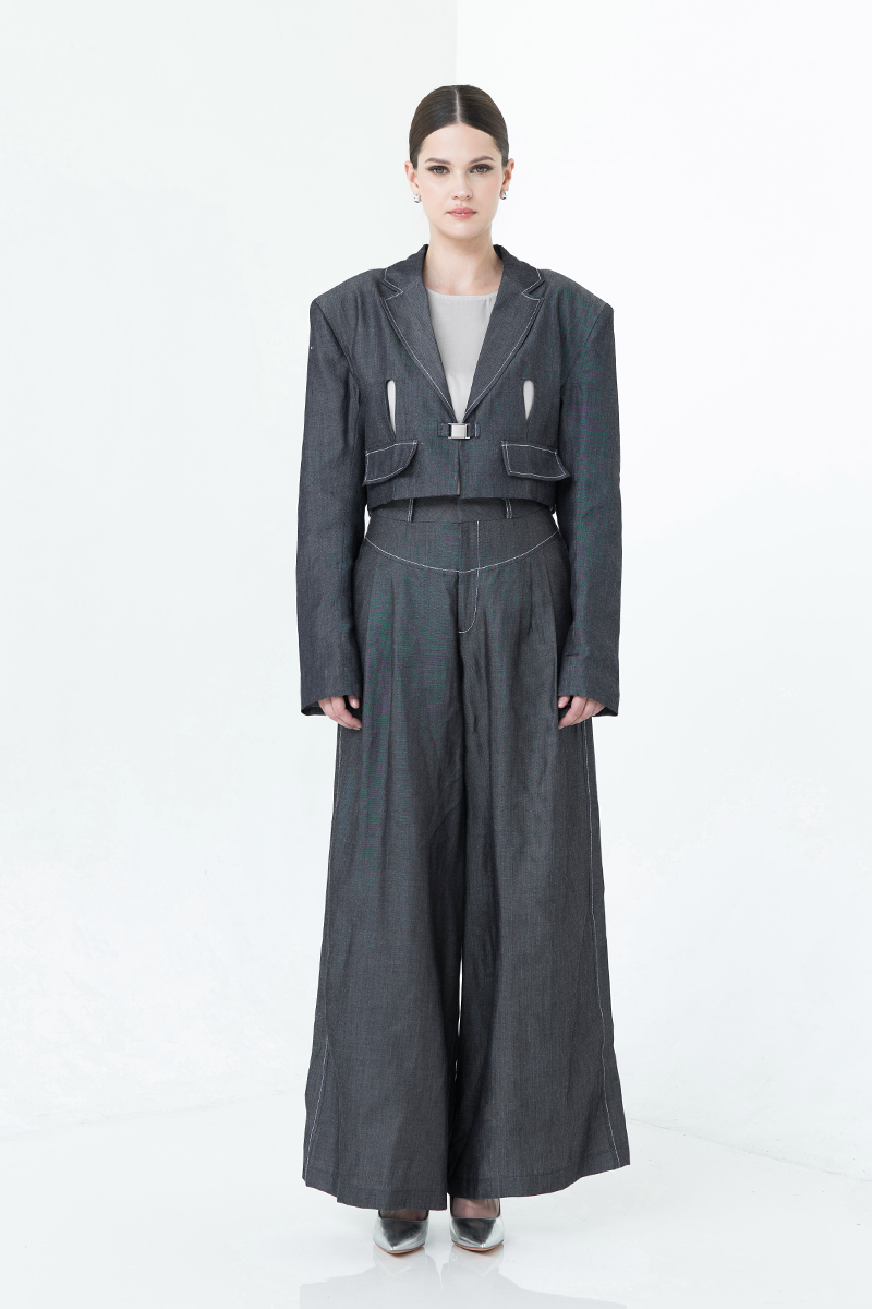 [DEFECT] Buckle Cropped Denim Blazer In Dark Indigo 2
