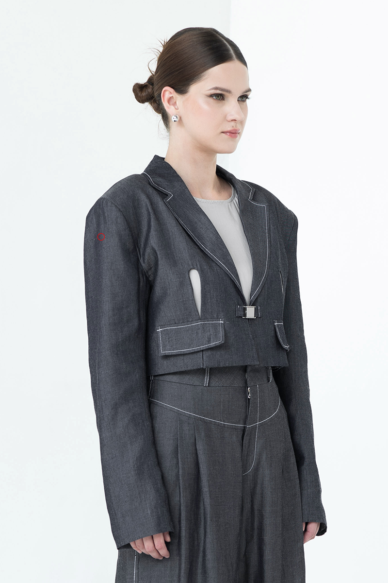 [DEFECT] Buckle Cropped Denim Blazer In Dark Indigo 2