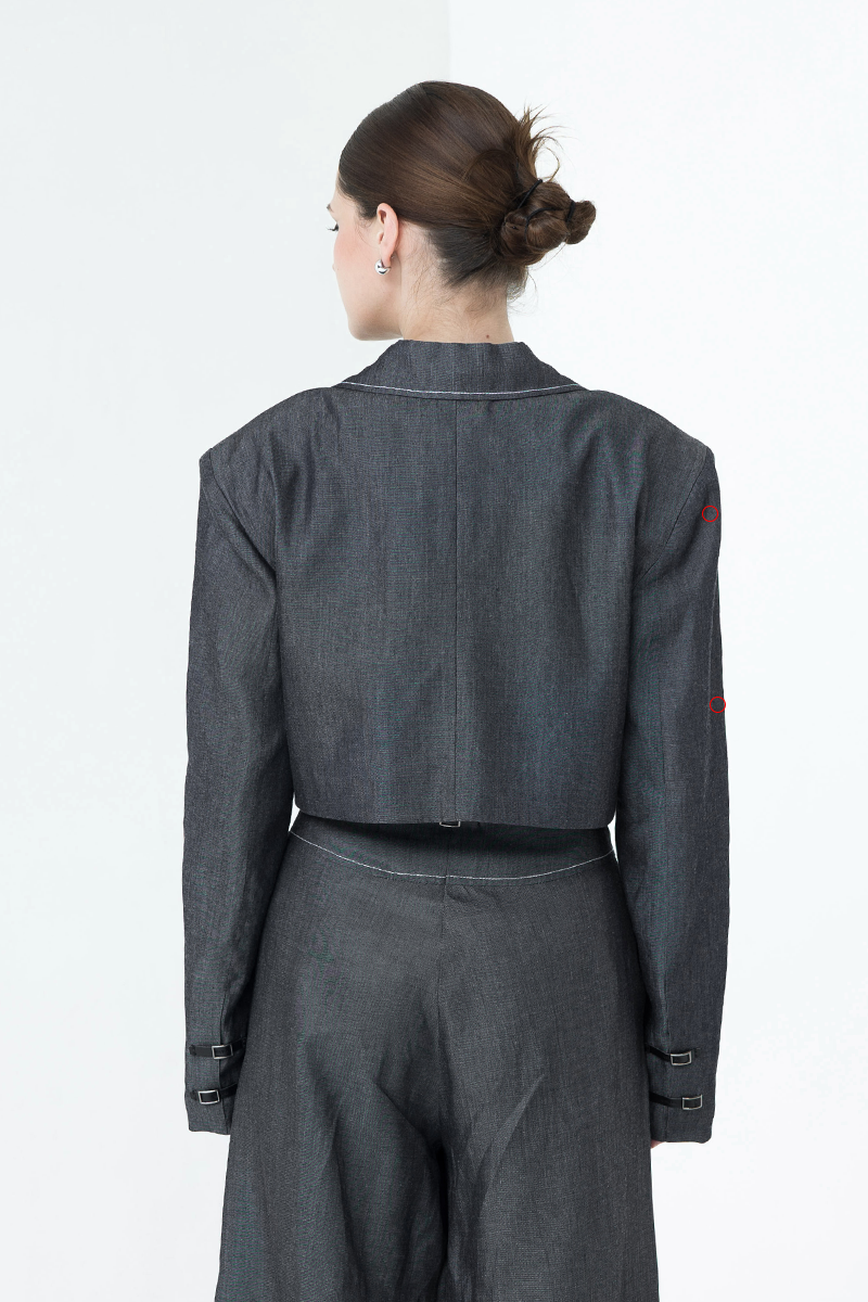 [DEFECT] Buckle Cropped Denim Blazer In Dark Indigo 2