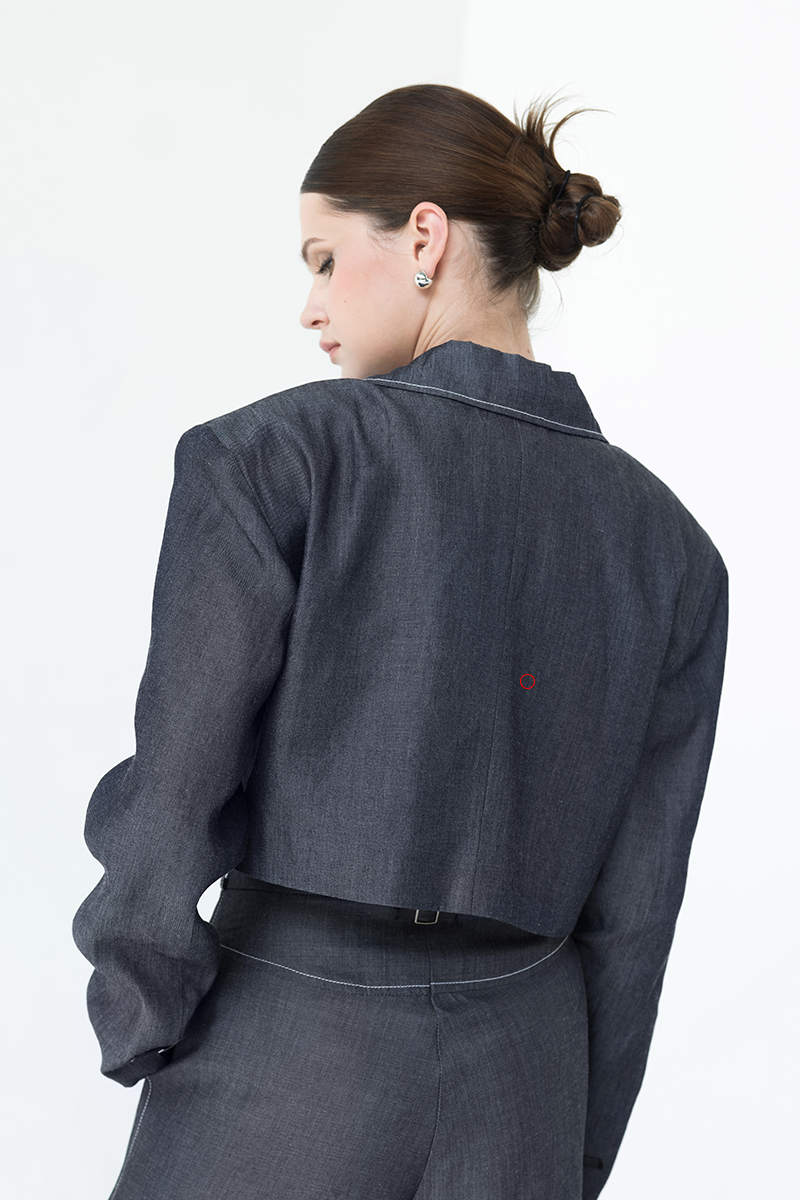 [DEFECT] Buckle Cropped Denim Blazer In Dark Indigo 1