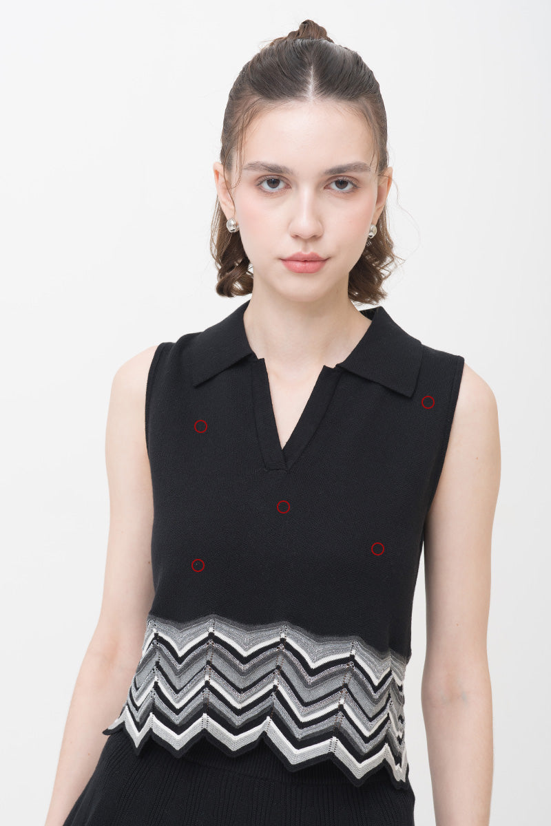 [DEFECT] Zig-Zag Trimmed Polo Vest In Black