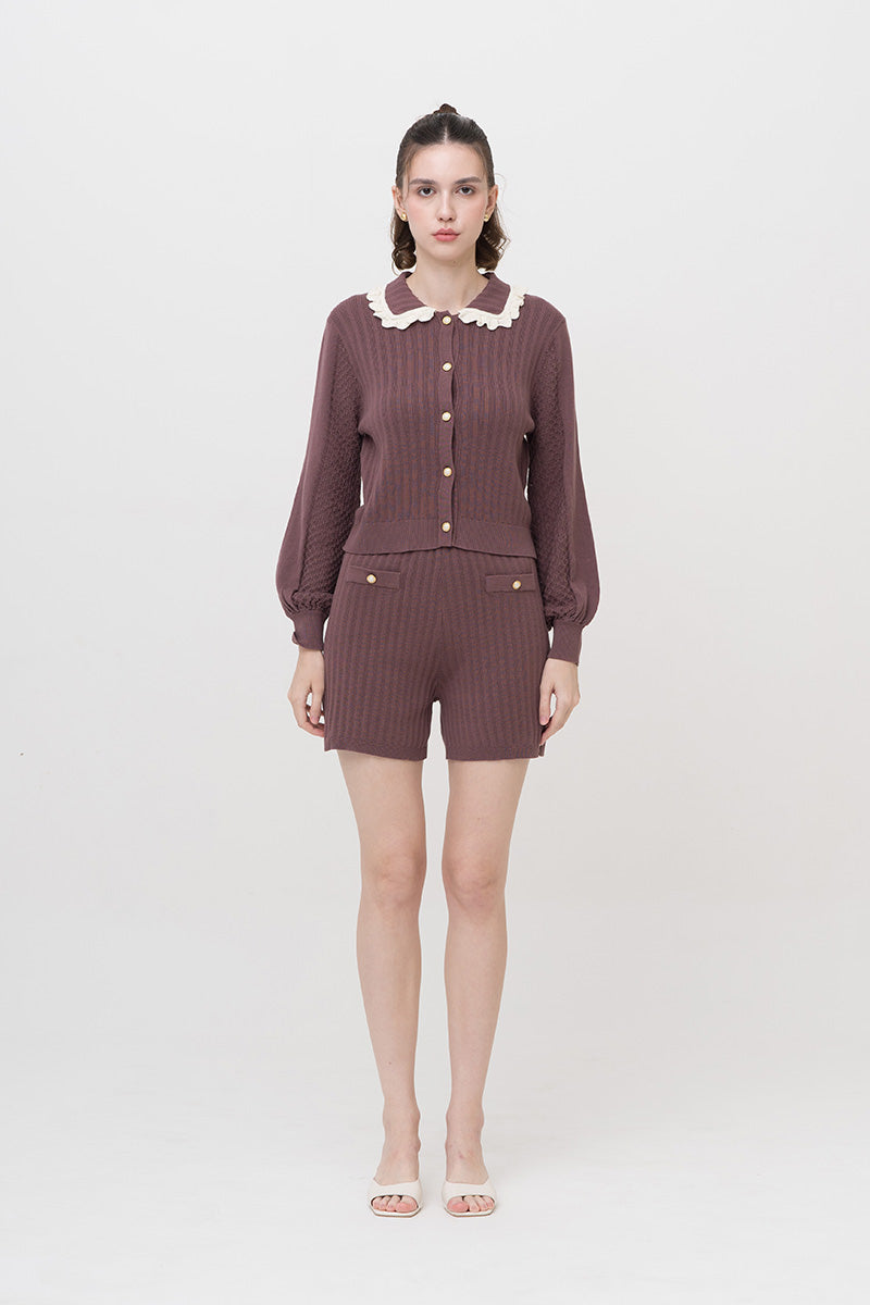 Lace-Knit Collared Rib-Knit Cardigan In Dark Mauve