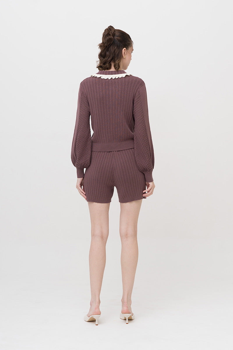 Lace-Knit Collared Rib-Knit Cardigan In Dark Mauve