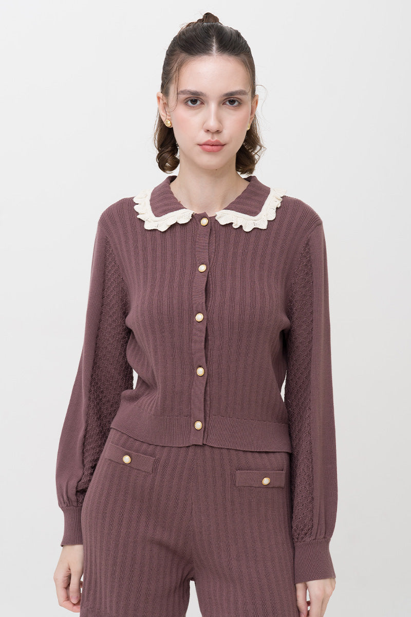 Lace-Knit Collared Rib-Knit Cardigan In Dark Mauve