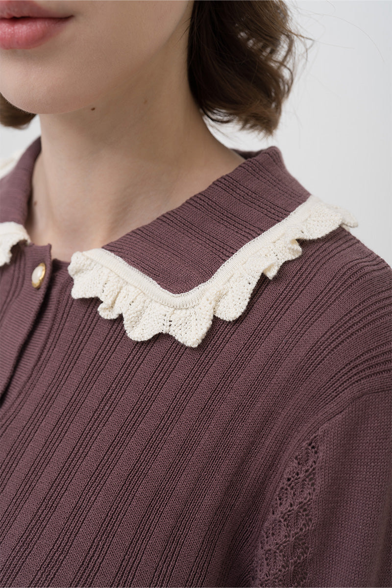 Lace-Knit Collared Rib-Knit Cardigan In Dark Mauve