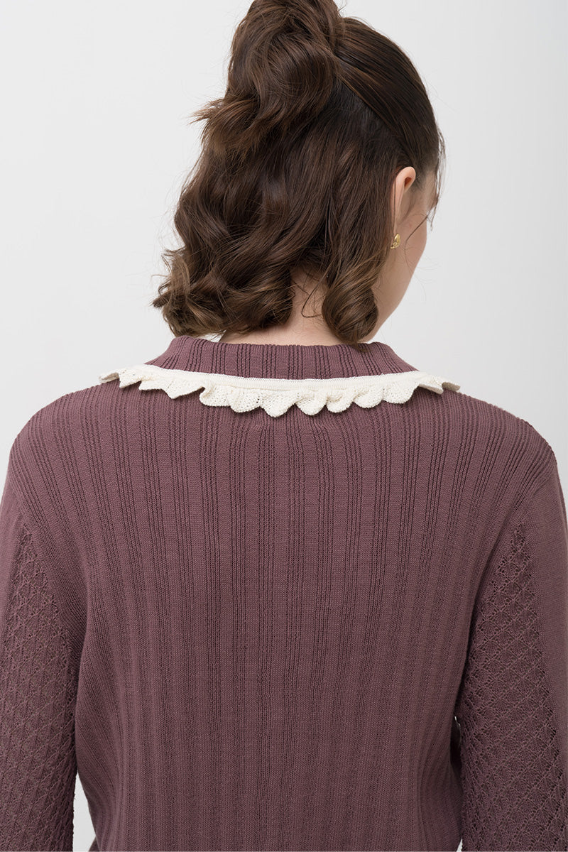 Lace-Knit Collared Rib-Knit Cardigan In Dark Mauve