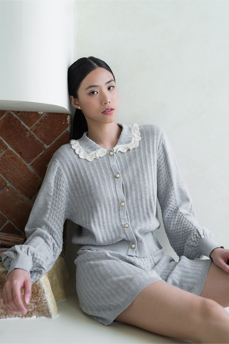 Lace-Knit Collared Rib-Knit Cardigan In Light Grey