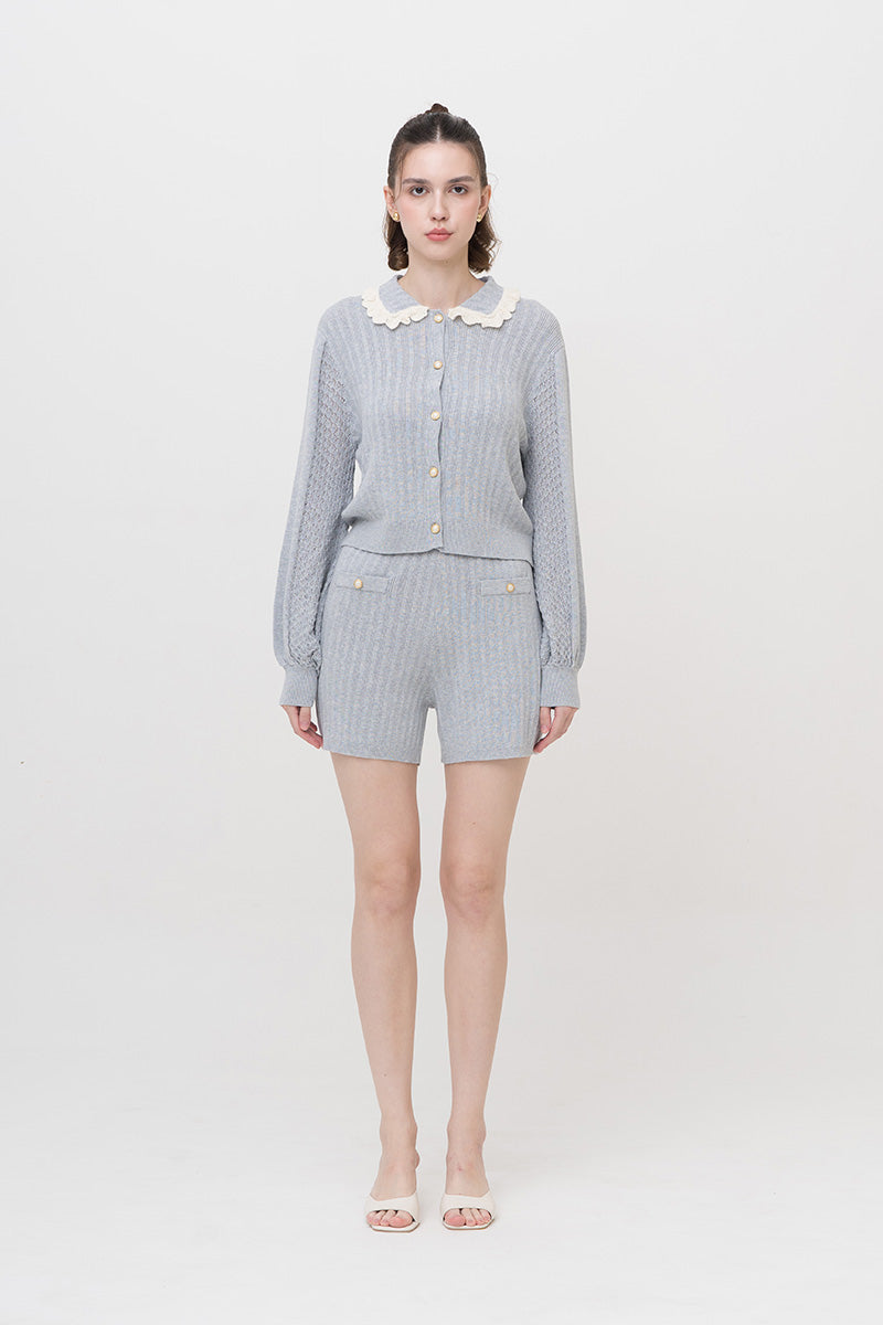 Lace-Knit Collared Rib-Knit Cardigan In Light Grey