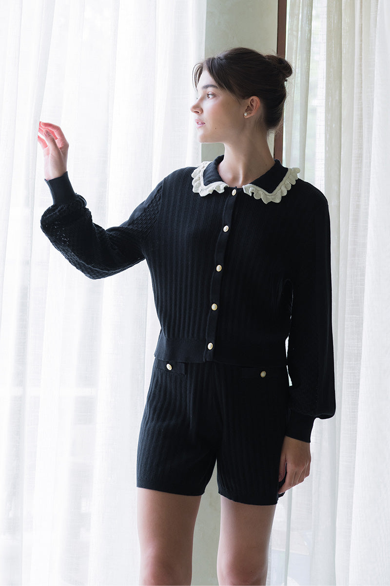 Lace-Knit Collared Rib-Knit Cardigan In Midnight Blue