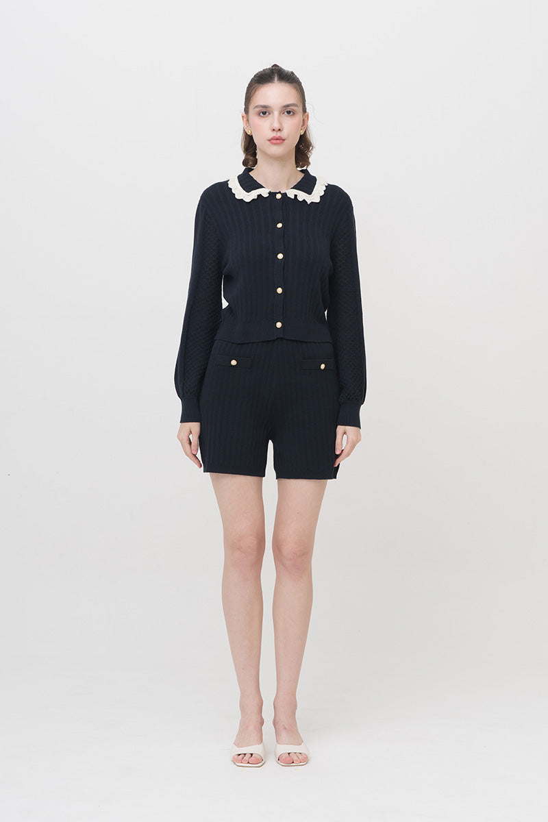 Lace-Knit Collared Rib-Knit Cardigan In Midnight Blue