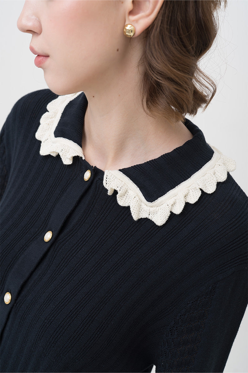 Lace-Knit Collared Rib-Knit Cardigan In Midnight Blue