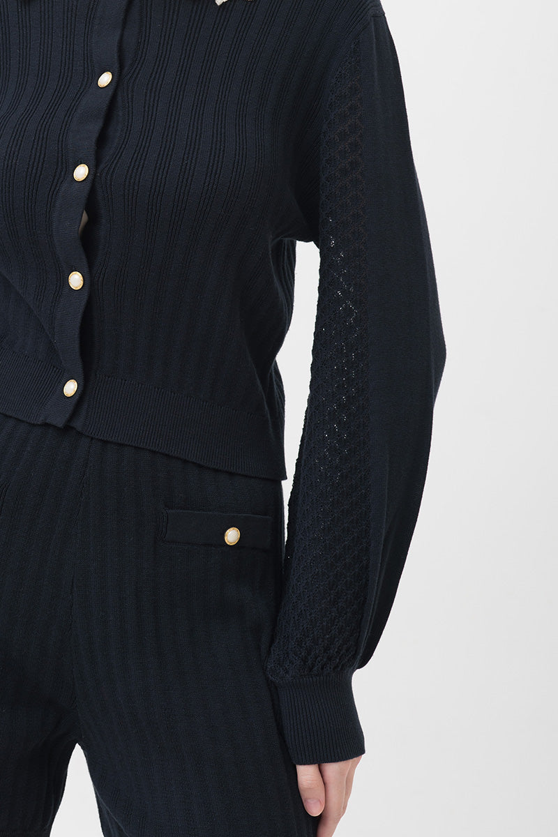 Lace-Knit Collared Rib-Knit Cardigan In Midnight Blue