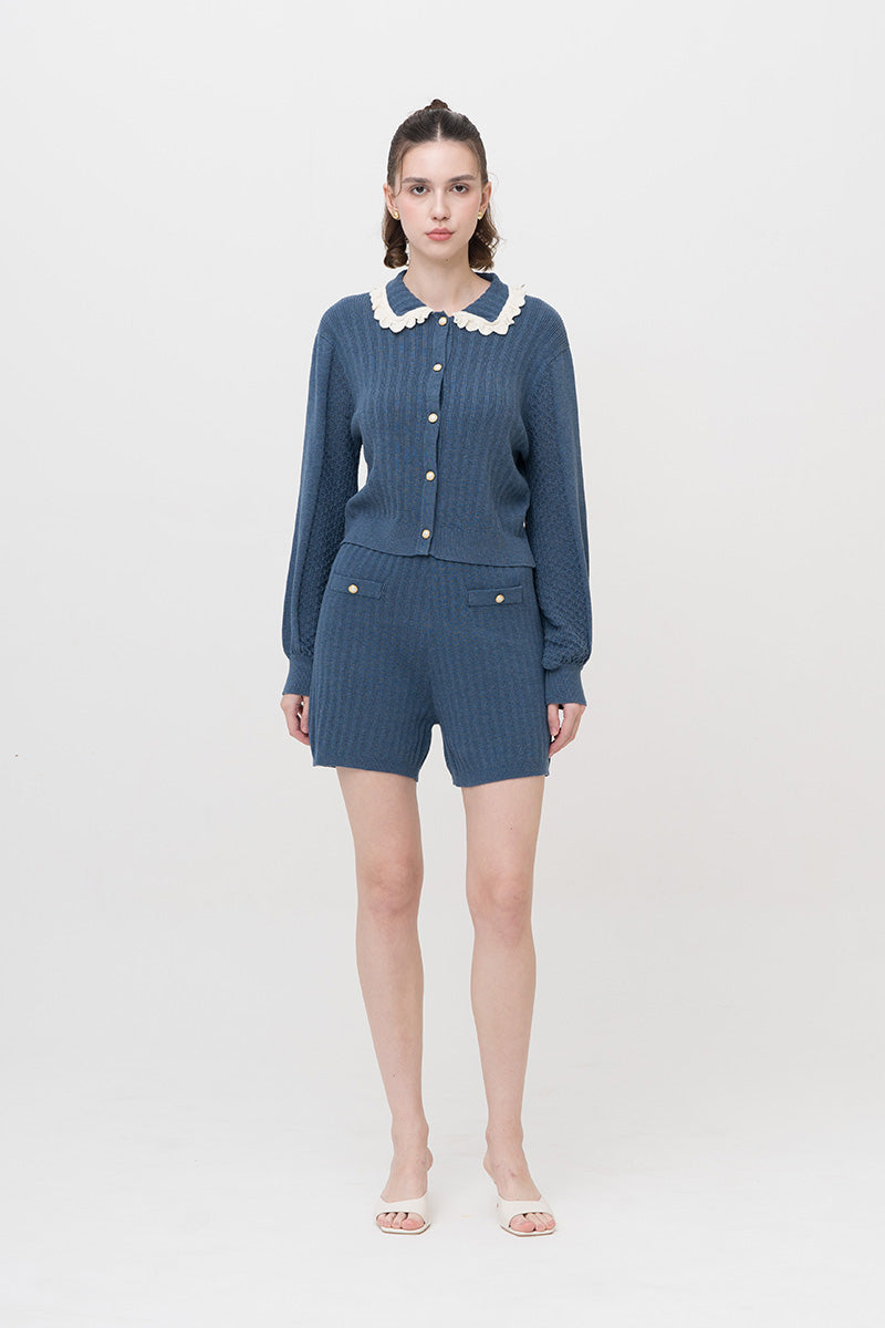 Lace-Knit Collared Rib-Knit Cardigan In Slate Blue