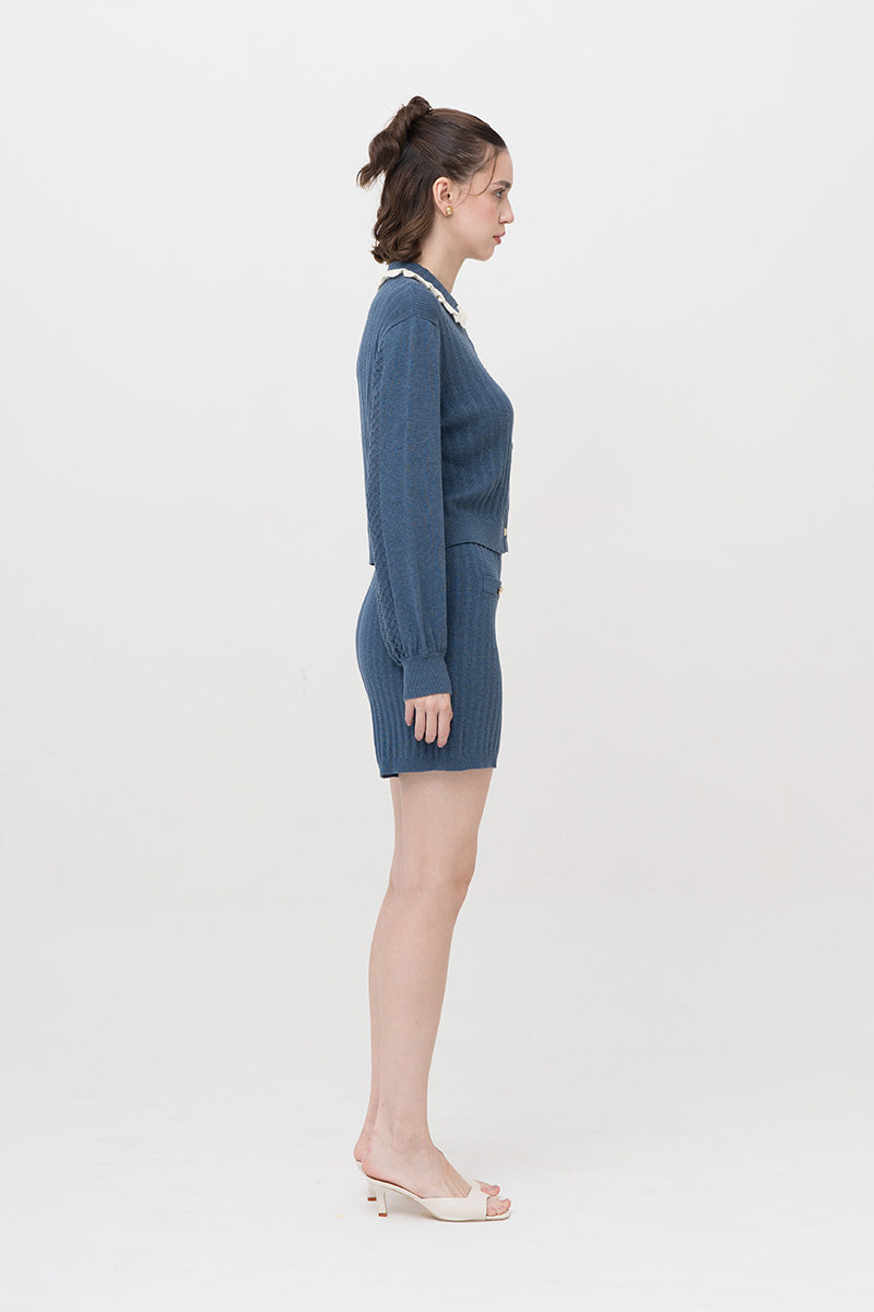 Lace-Knit Collared Rib-Knit Cardigan In Slate Blue