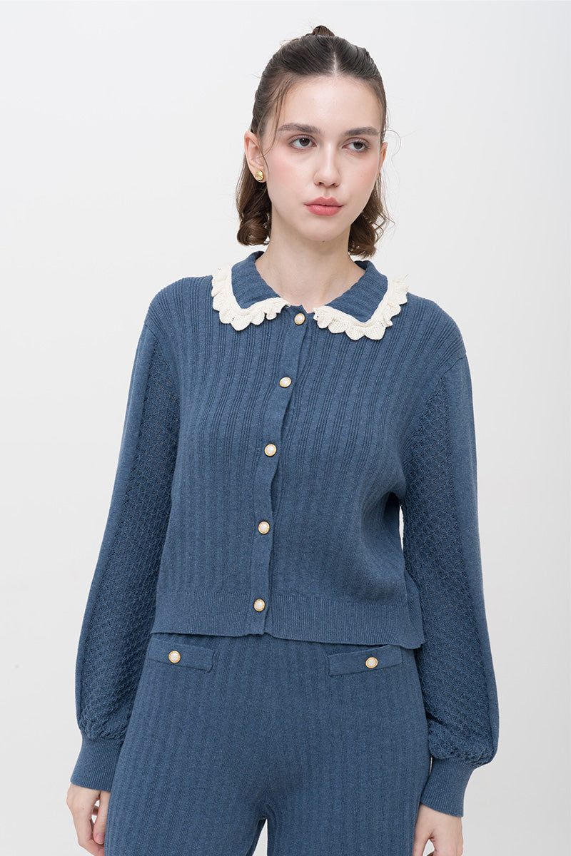 Lace-Knit Collared Rib-Knit Cardigan In Slate Blue