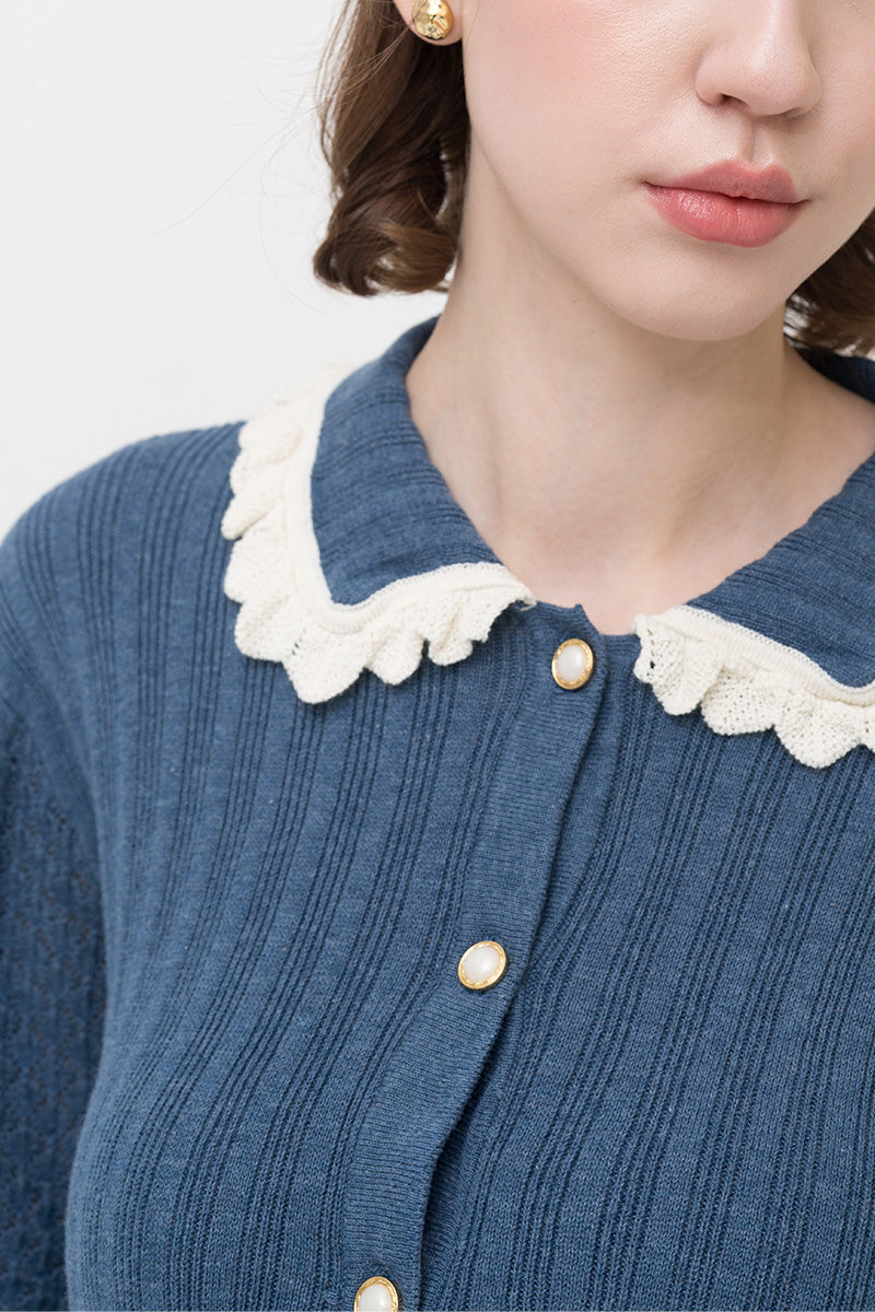 Lace-Knit Collared Rib-Knit Cardigan In Slate Blue