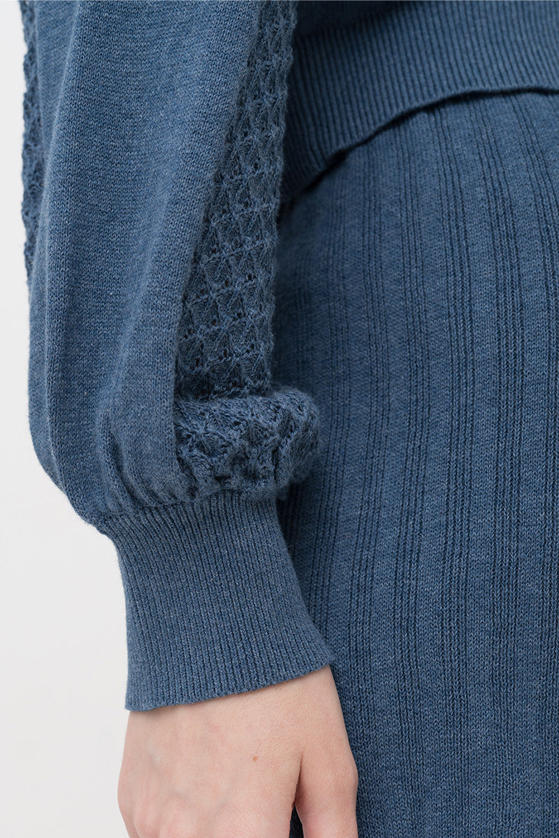 Lace-Knit Collared Rib-Knit Cardigan In Slate Blue