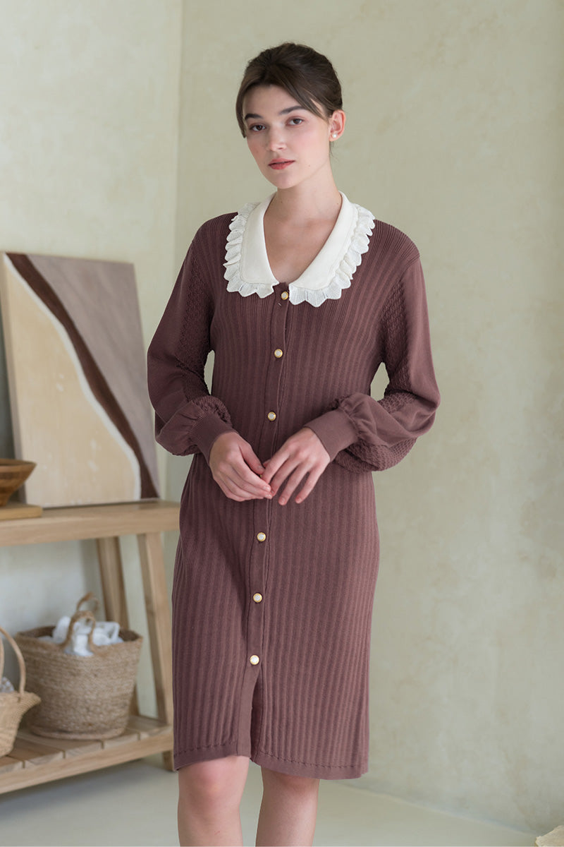 Lace-Knit Collared Rib-Knit Dress In Dark Mauve