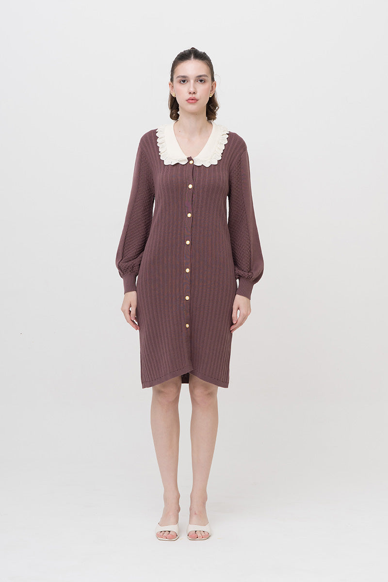 Lace-Knit Collared Rib-Knit Dress In Dark Mauve