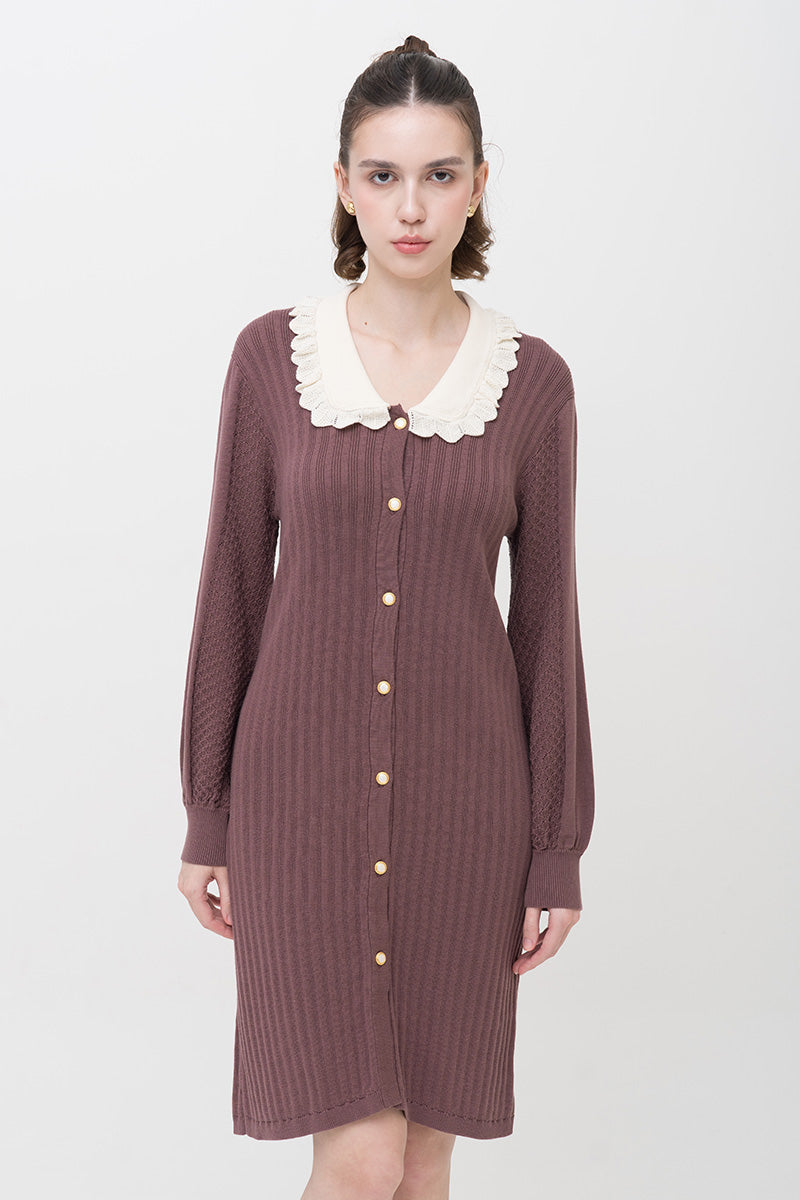 Lace-Knit Collared Rib-Knit Dress In Dark Mauve