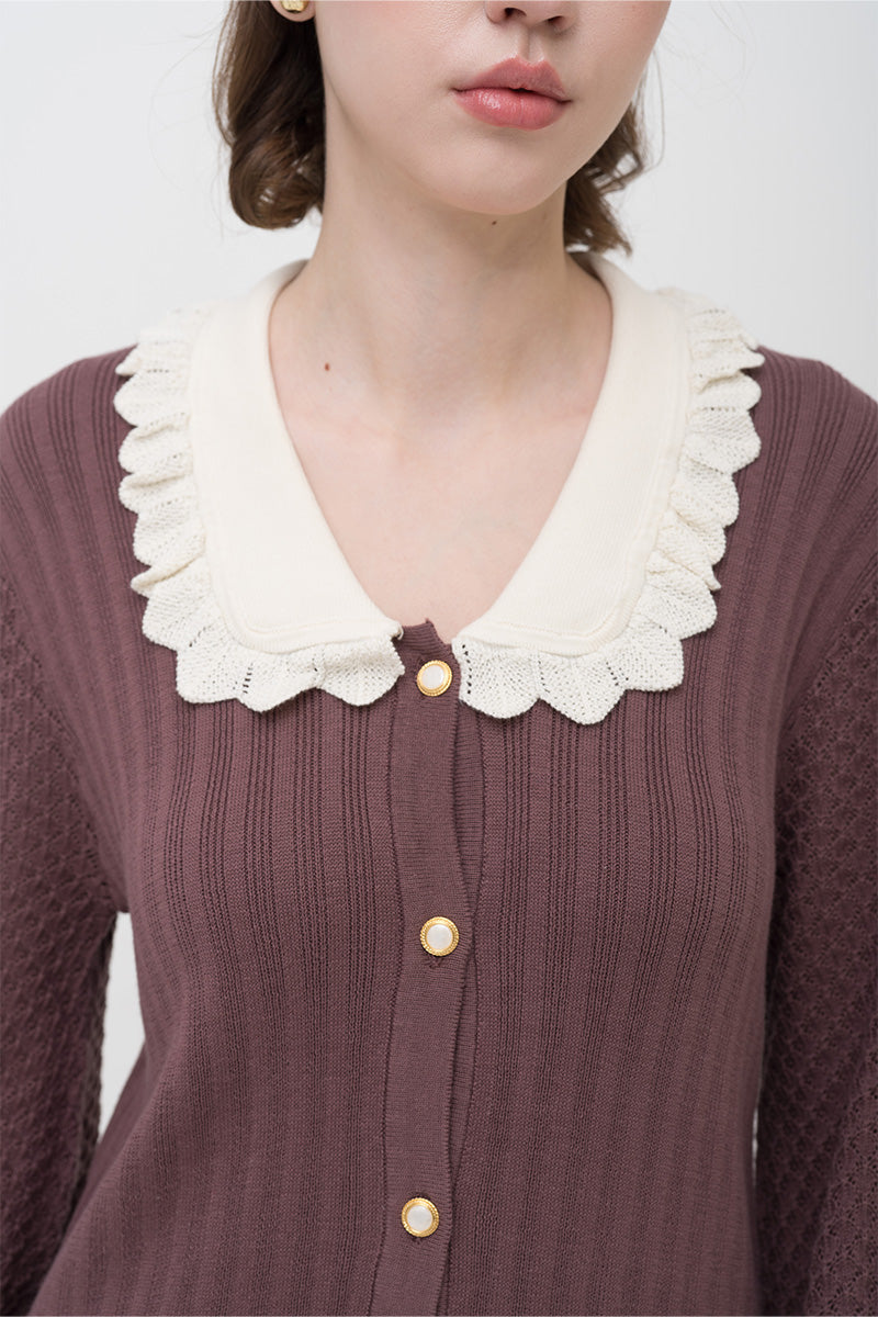 Lace-Knit Collared Rib-Knit Dress In Dark Mauve