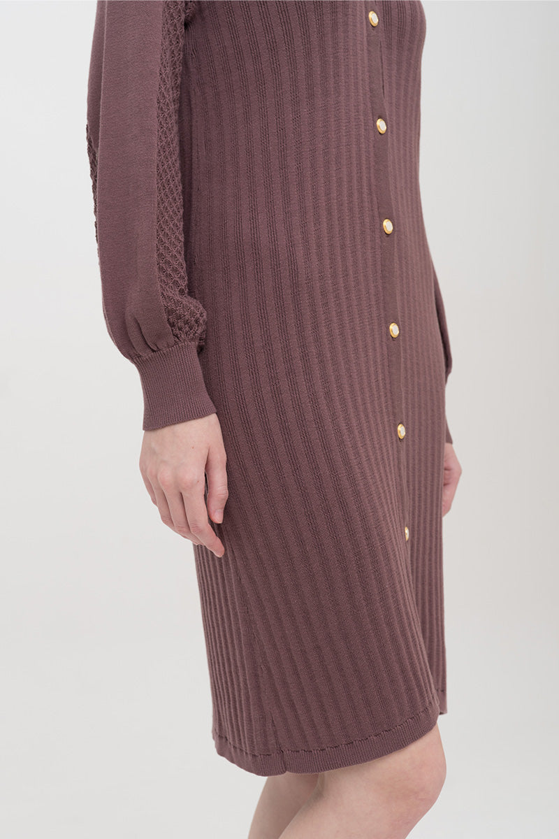 Lace-Knit Collared Rib-Knit Dress In Dark Mauve