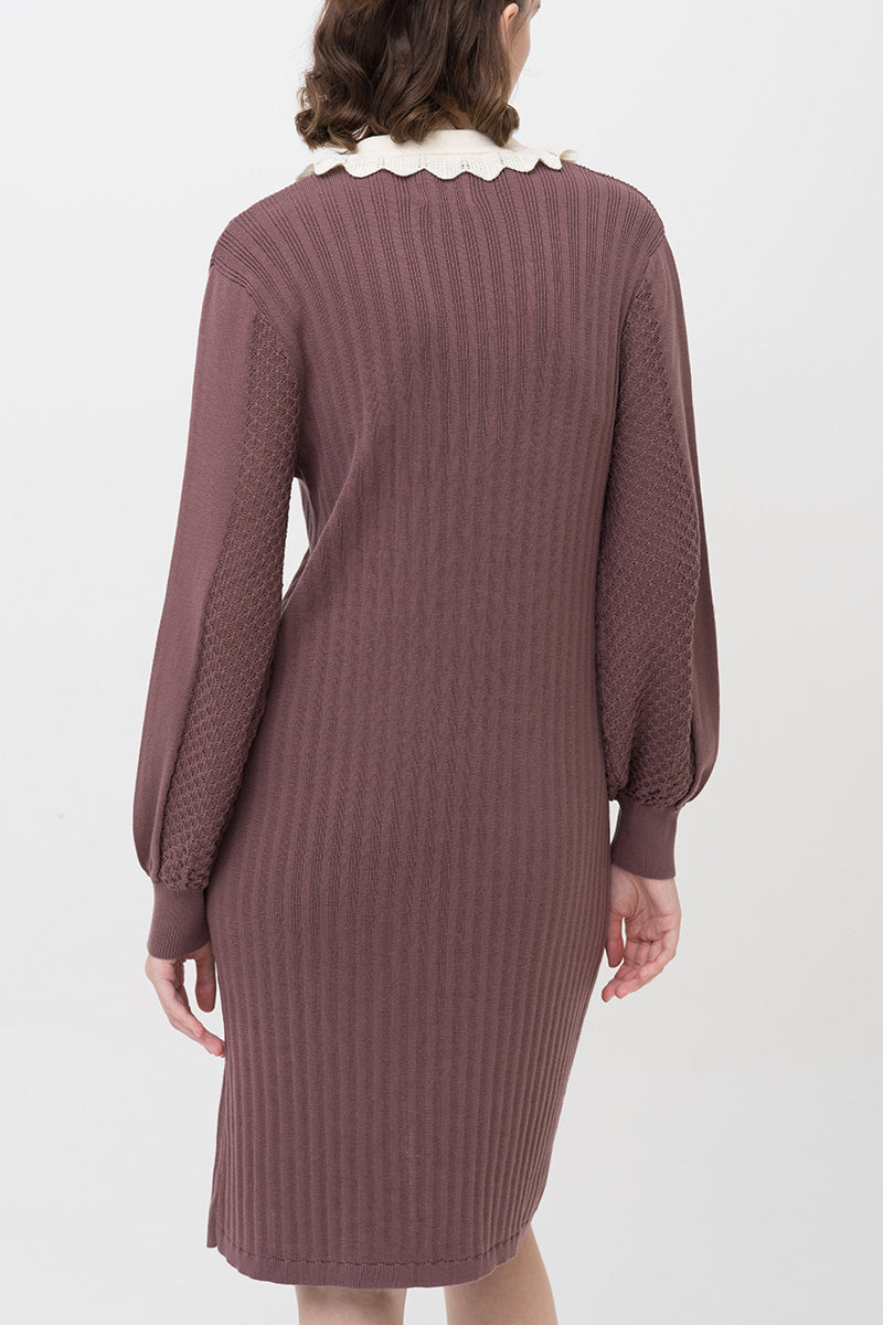 Lace-Knit Collared Rib-Knit Dress In Dark Mauve