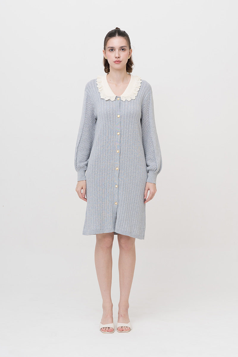 Lace-Knit Collared Rib-Knit Dress In Light Grey