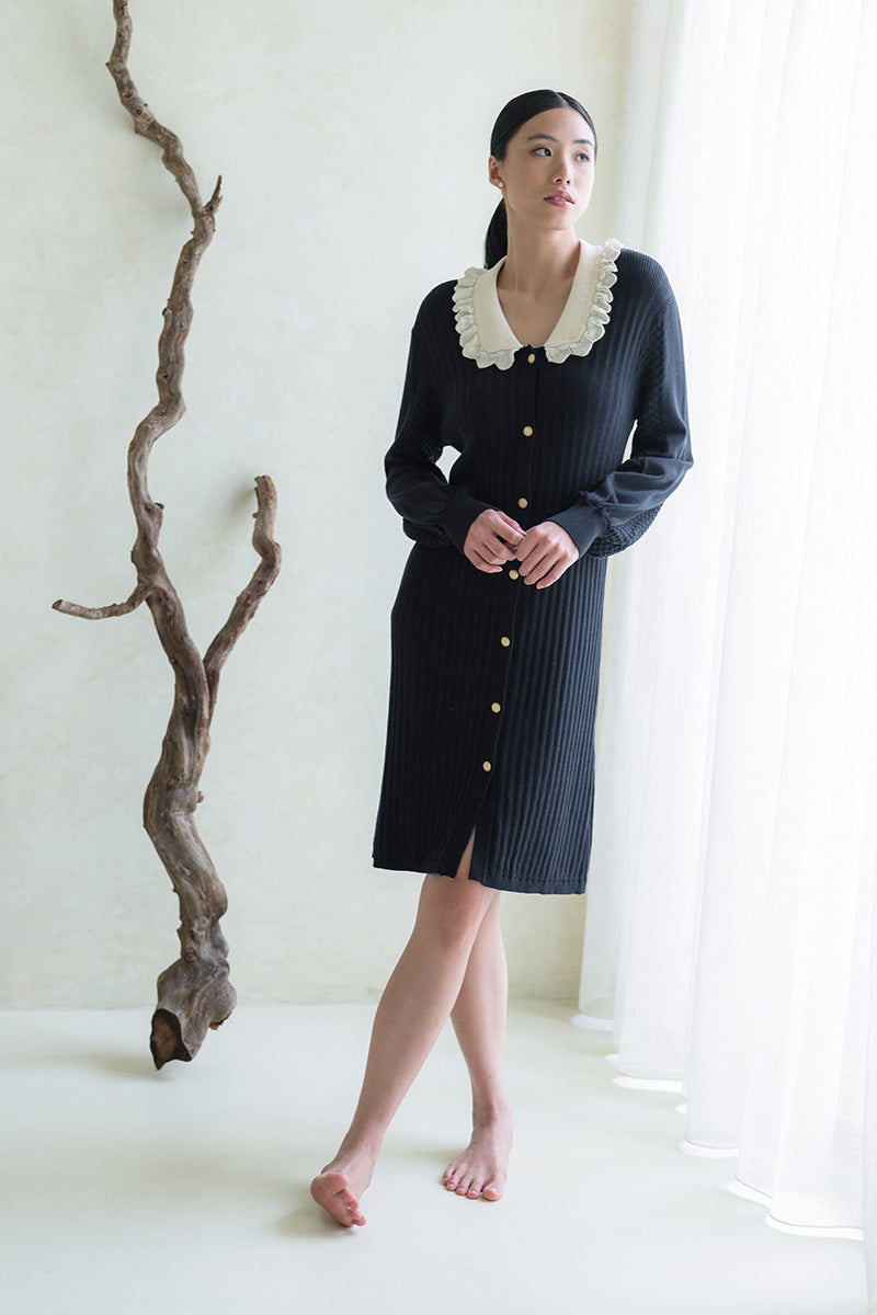 Lace-Knit Collared Rib-Knit Dress In Midnight Blue