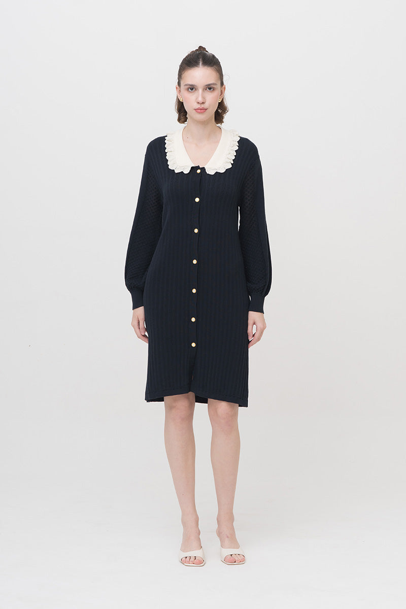 Lace-Knit Collared Rib-Knit Dress In Midnight Blue