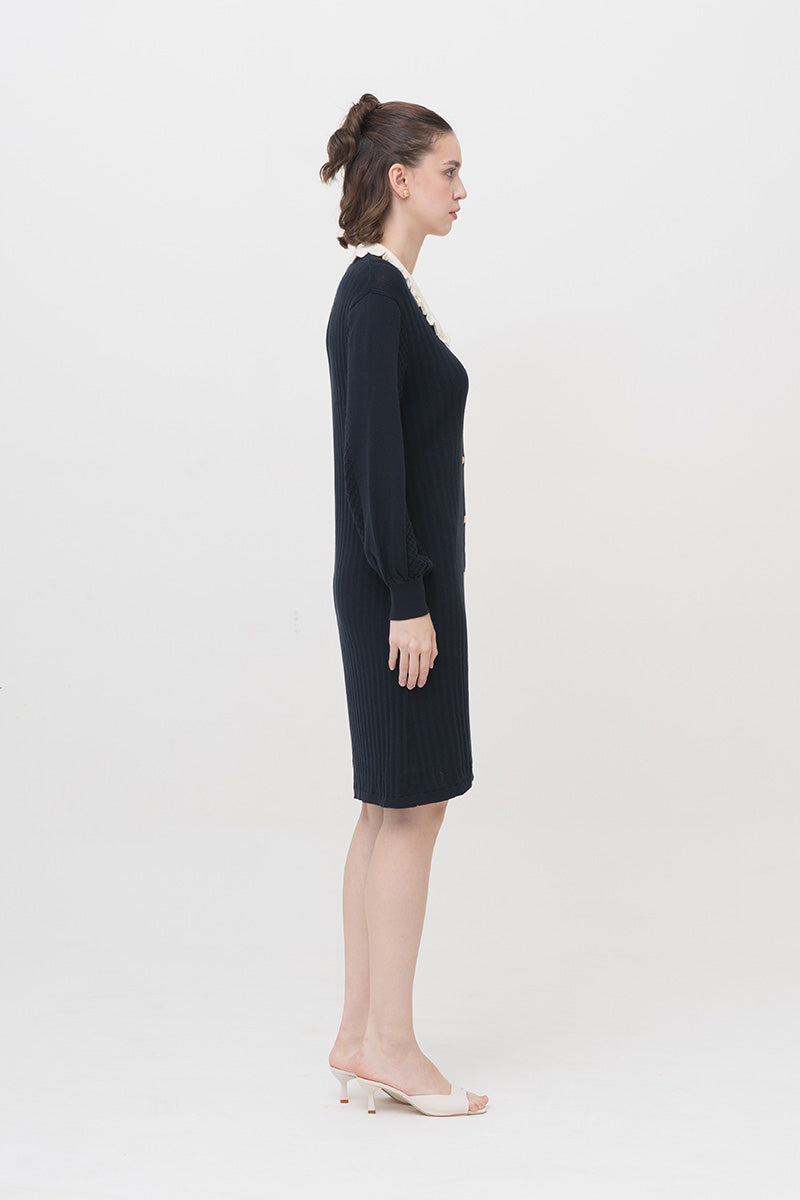 Lace-Knit Collared Rib-Knit Dress In Midnight Blue