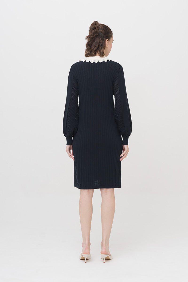 Lace-Knit Collared Rib-Knit Dress In Midnight Blue