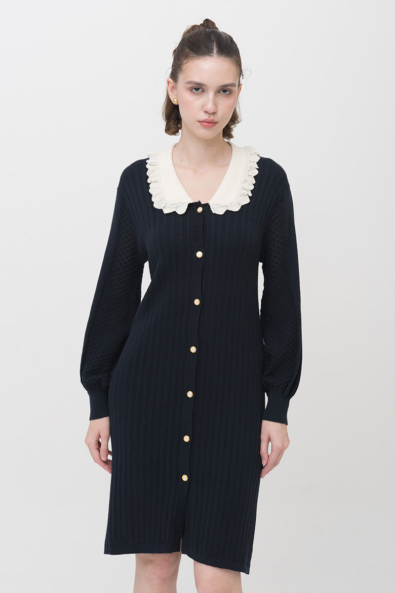 Lace-Knit Collared Rib-Knit Dress In Midnight Blue