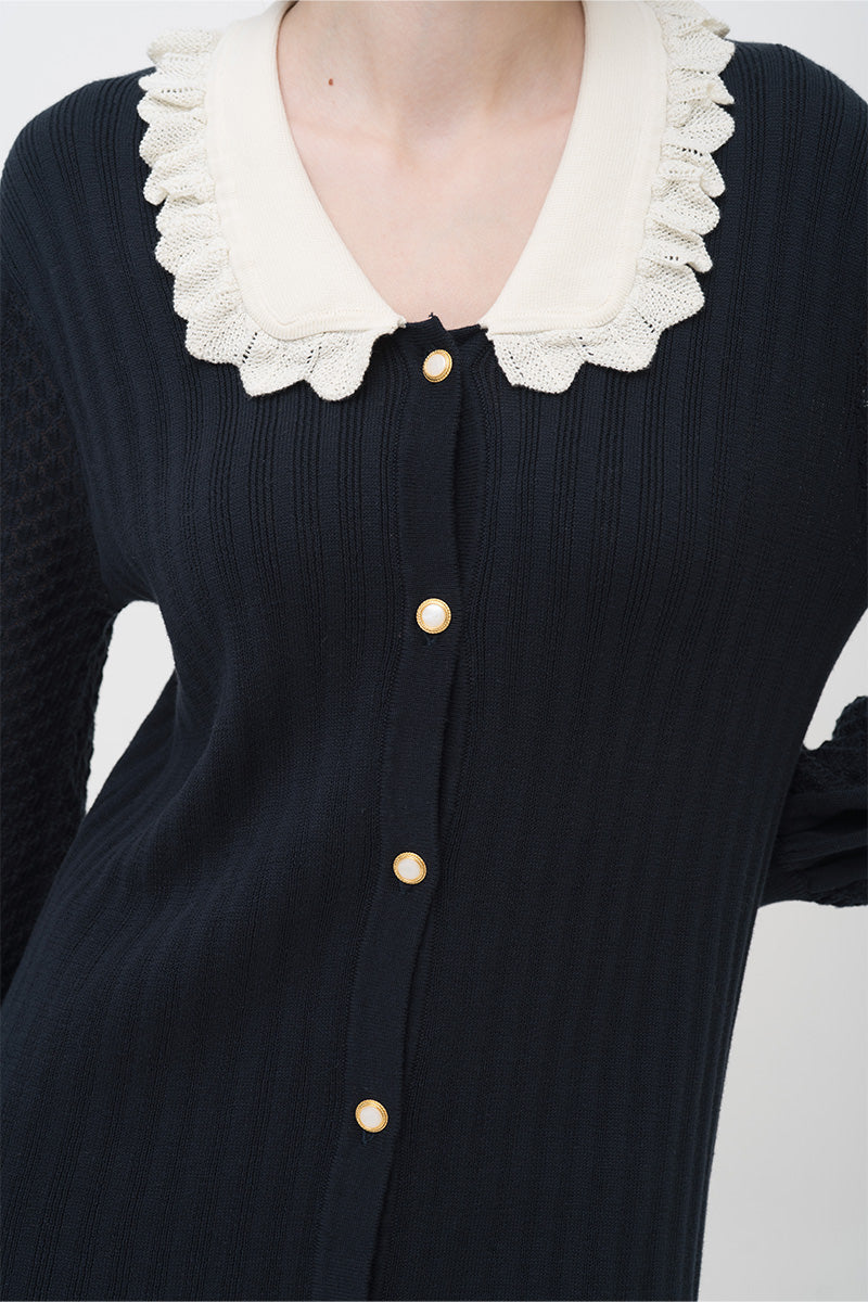 Lace-Knit Collared Rib-Knit Dress In Midnight Blue