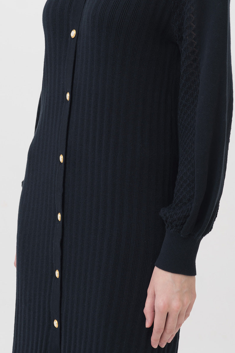 Lace-Knit Collared Rib-Knit Dress In Midnight Blue