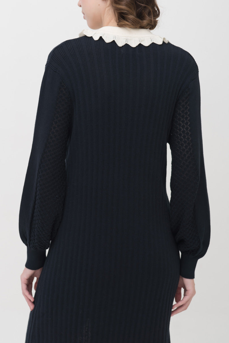 Lace-Knit Collared Rib-Knit Dress In Midnight Blue